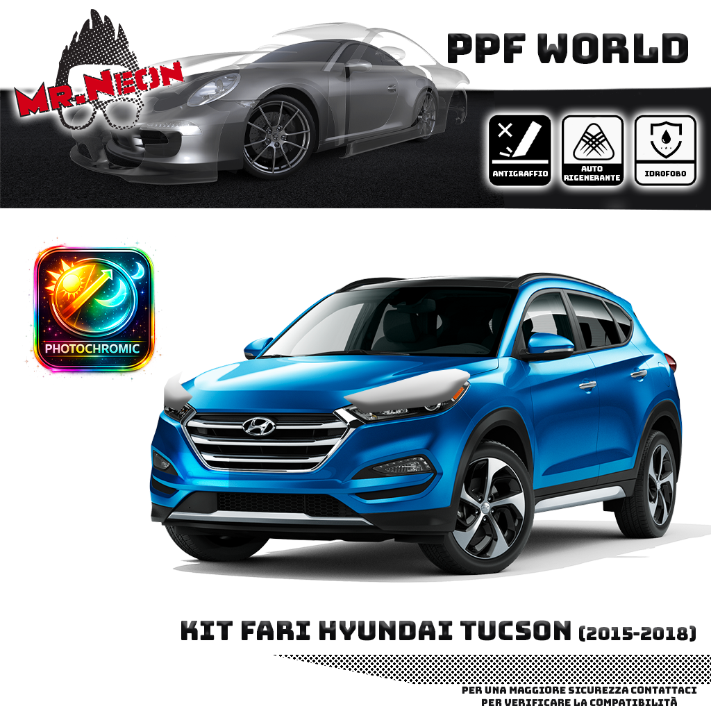 Kit Pellicola Protettiva Fari Hyundai Tucson 2015-2018 – PPF Trasparente o Fotocromatico Pretagliato