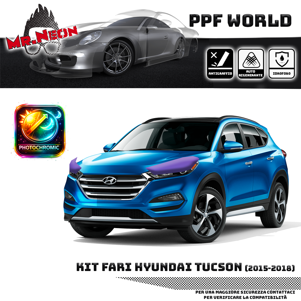 Kit Pellicola Protettiva Fari Hyundai Tucson 2015-2018 – PPF Trasparente o Fotocromatico Pretagliato