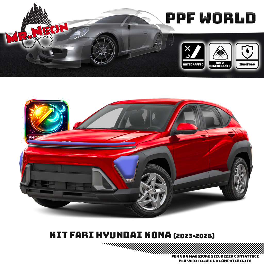 Kit PPF Fari Anteriori Hyundai Kona 2023-2026 – Hybrid ed Elettrica – Trasparente o Fotocromatico Pretagliato