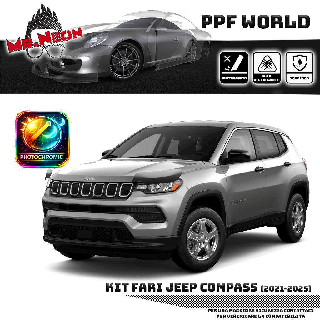 Kit Pellicola Protettiva Fari Jeep Compass 2021-2025 – PPF Trasparente o Fotocromatico Pretagliato