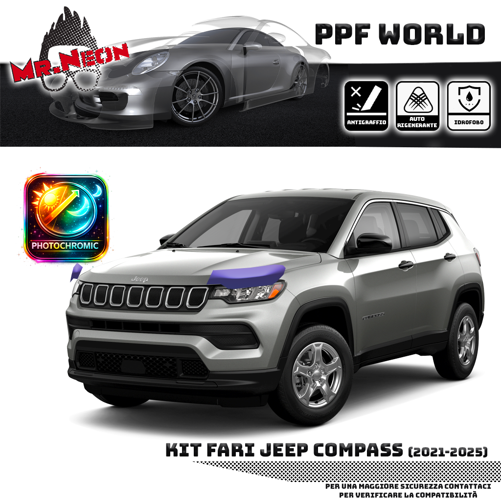 Kit Pellicola Protettiva Fari Jeep Compass 2021-2025 – PPF Trasparente o Fotocromatico Pretagliato