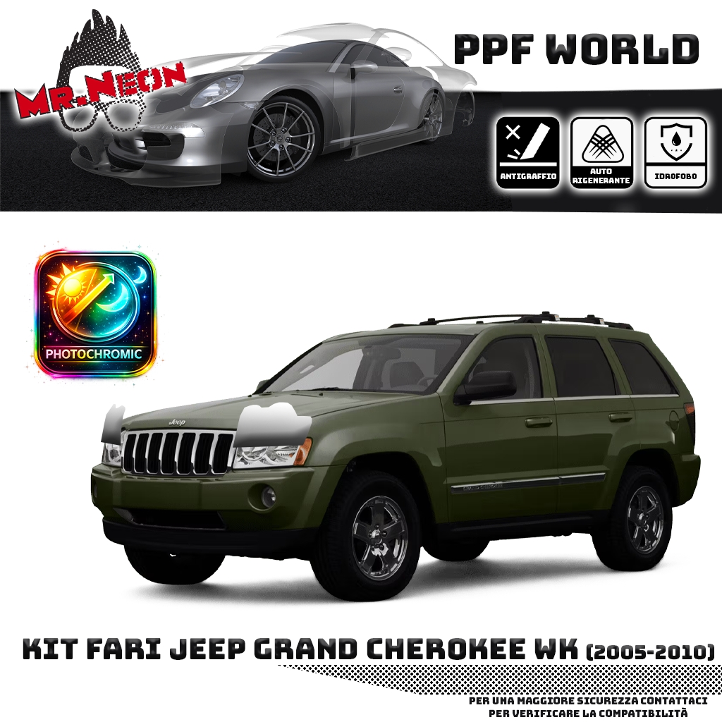 Kit Pellicola Protettiva Fari Jeep Grand Cherokee WK 2005-2010 – PPF Trasparente o Fotocromatico Pretagliato