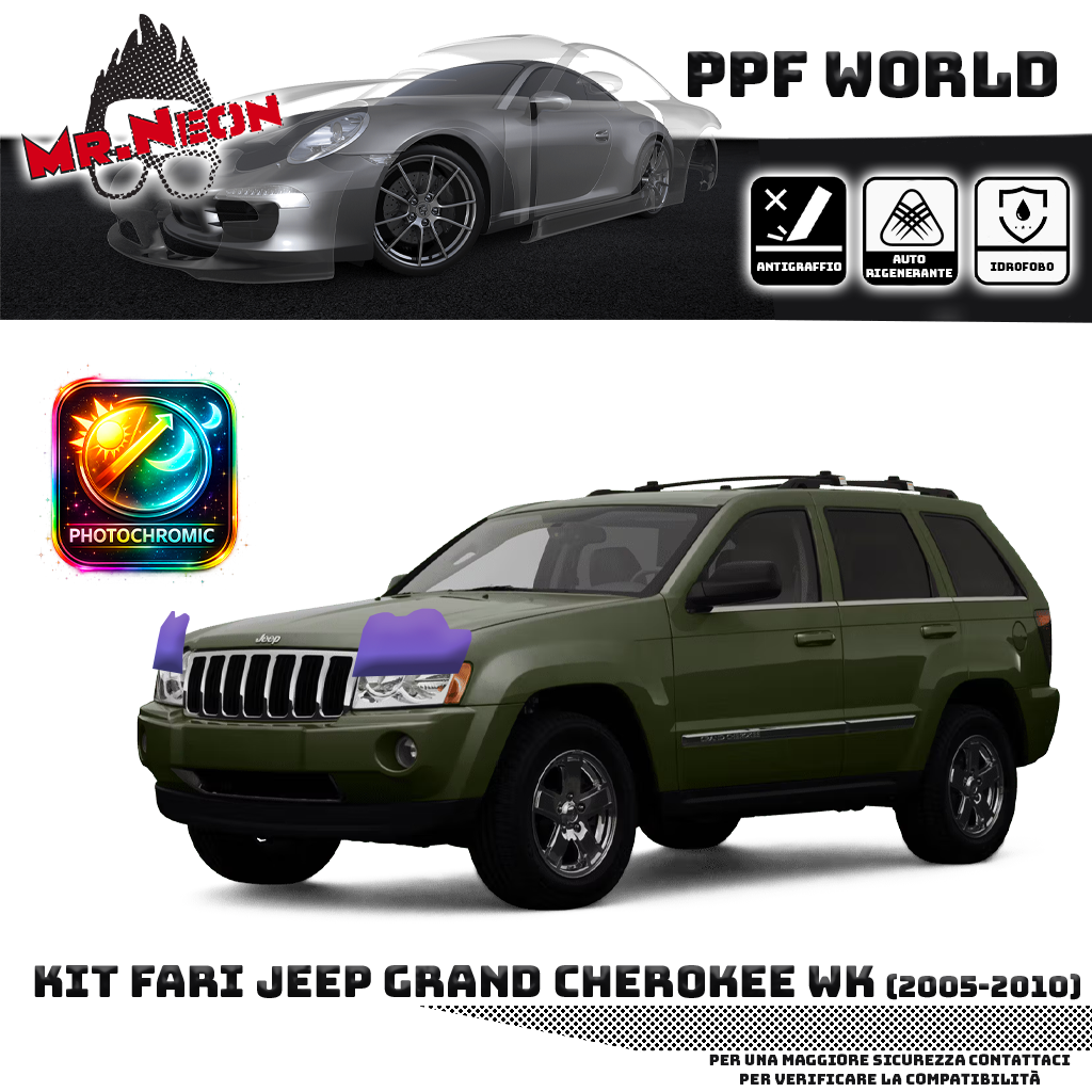 Kit Pellicola Protettiva Fari Jeep Grand Cherokee WK 2005-2010 – PPF Trasparente o Fotocromatico Pretagliato