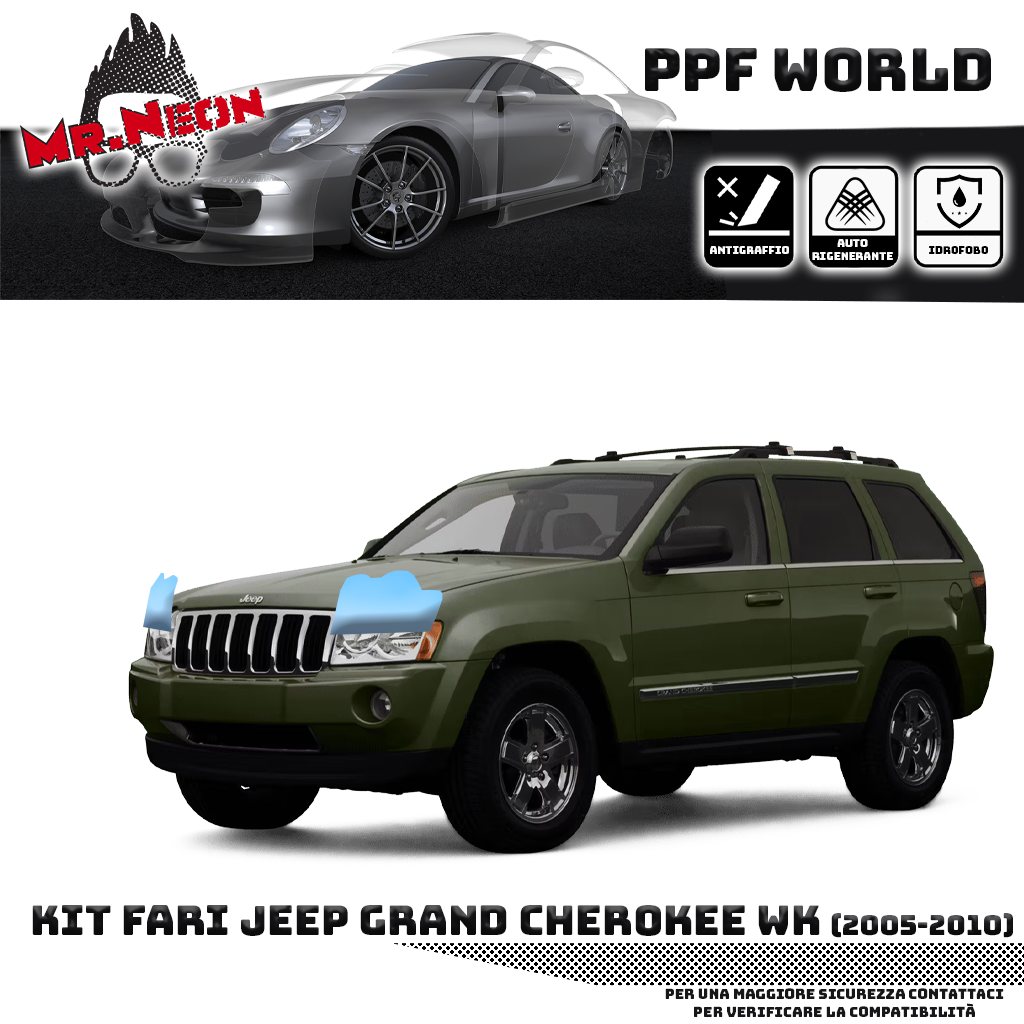 Kit Pellicola Protettiva Fari Jeep Grand Cherokee WK 2005-2010 – PPF Trasparente o Fotocromatico Pretagliato