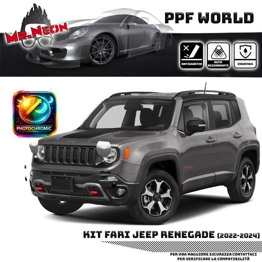 Kit Pellicola Protettiva Fari Jeep Renegade 2018-2026 – PPF Trasparente o Fotocromatico Pretagliato