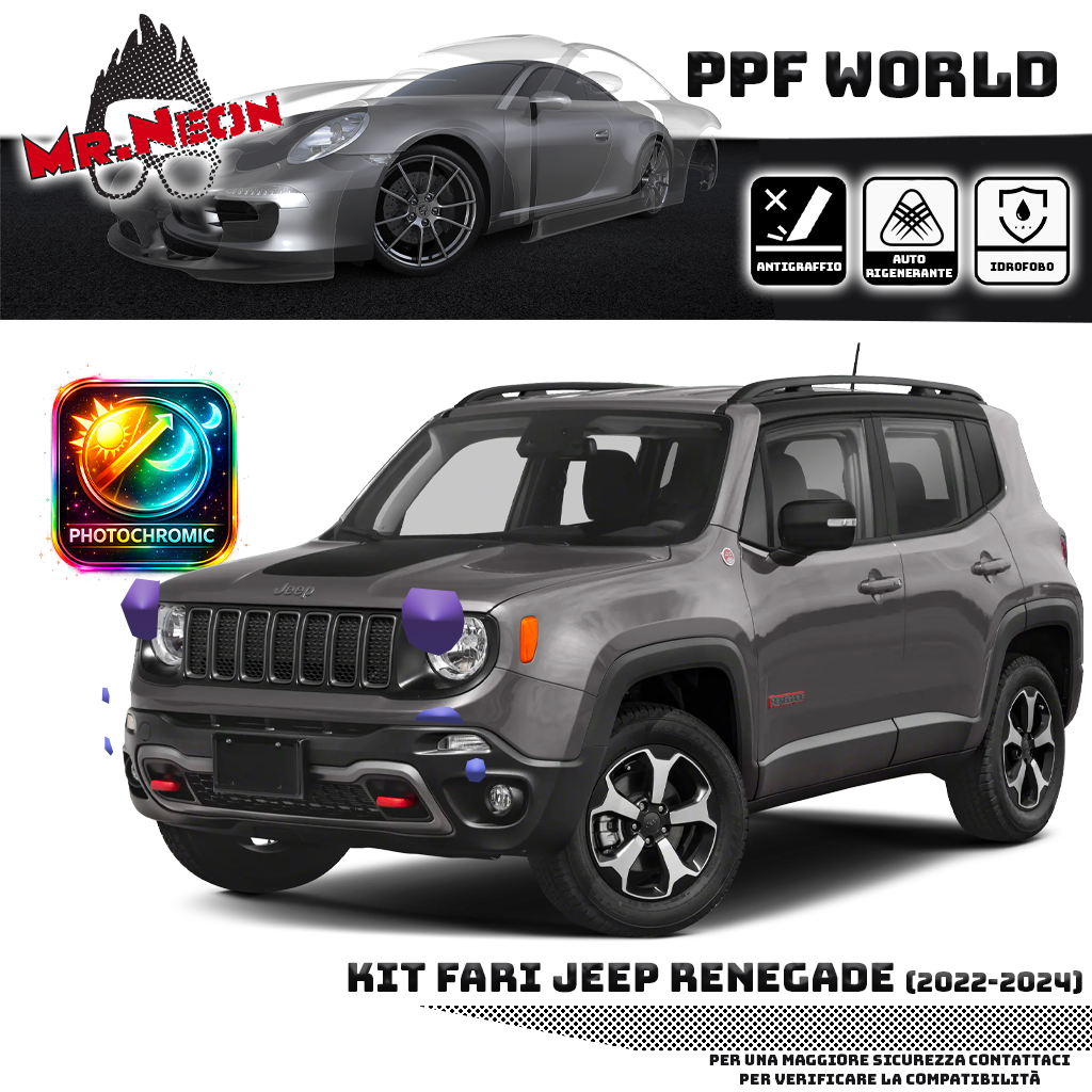 Kit Pellicola Protettiva Fari Jeep Renegade 2018-2026 – PPF Trasparente o Fotocromatico Pretagliato