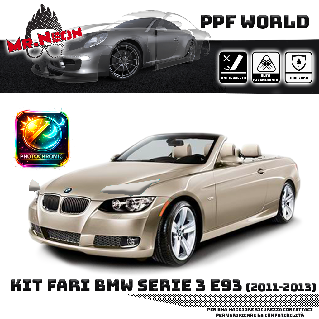 Kit PPF Fotocromatico Fari Anteriori compatibile con BMW E93 Cabrio (2011–2013) – Pellicola Protettiva Pretagliata