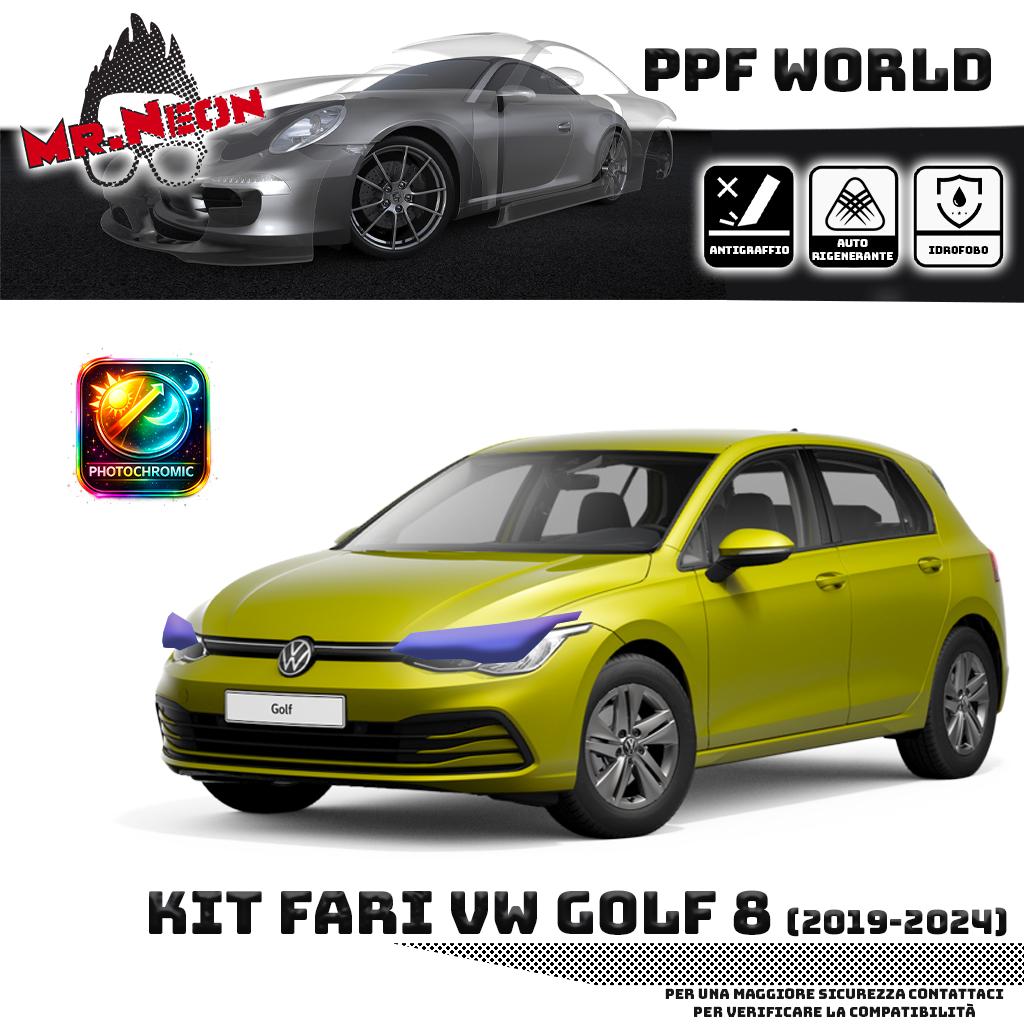Kit Pellicola Protettiva Fari VW Golf 8 (2019–2023) – PPF Trasparente o Fotocromatico Pretagliato