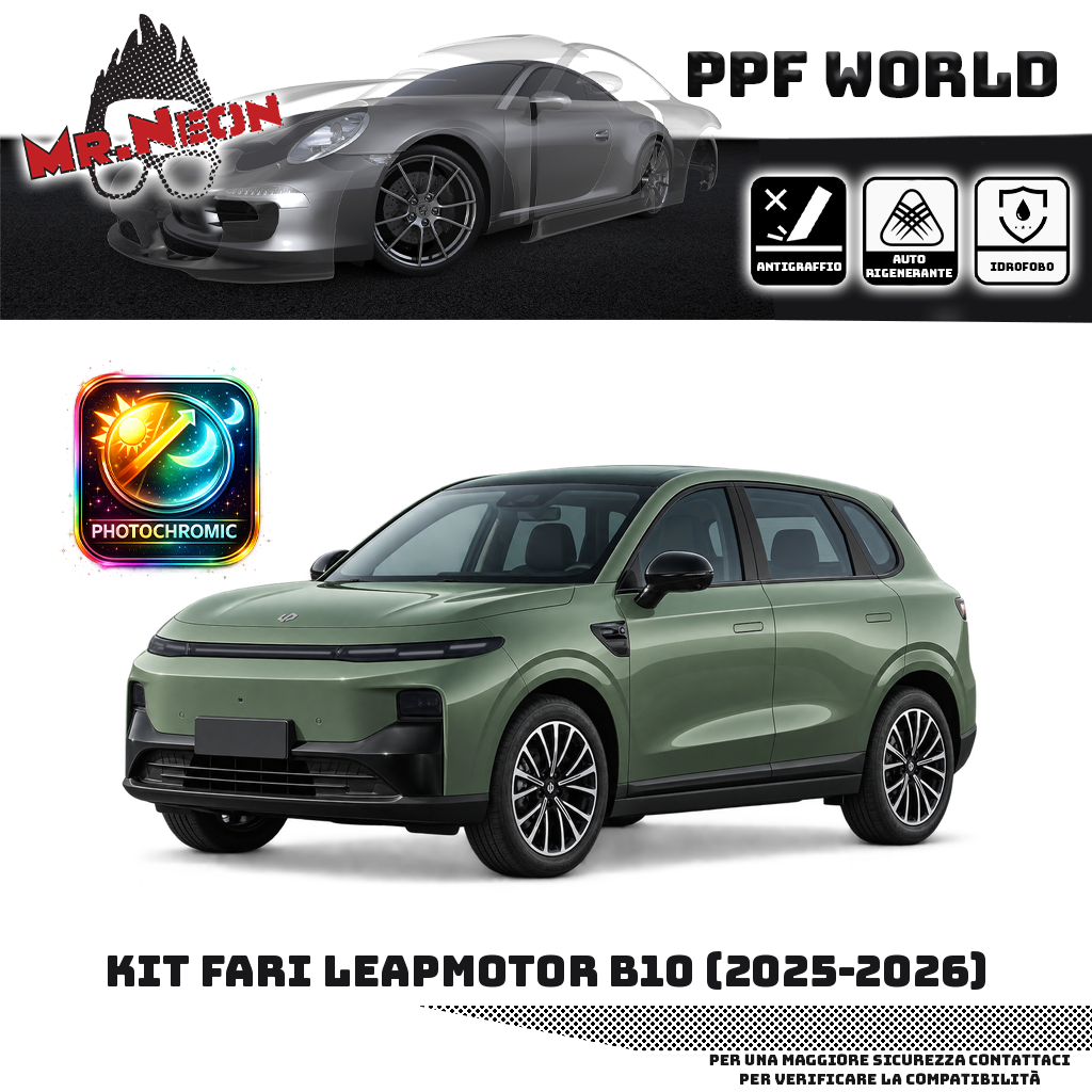 Kit PPF fari Leapmotor B10 2025–2026, destra sinistra centro e faretti – fotocromatico nero, vettura verde