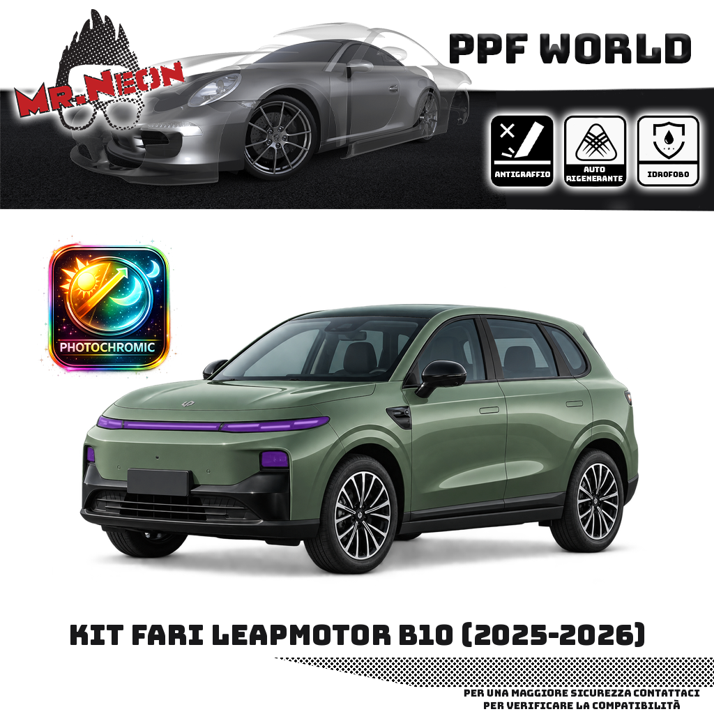 Kit PPF fari Leapmotor B10 2025–2026, destra sinistra centro e faretti – fotocromatico viola, vettura verde