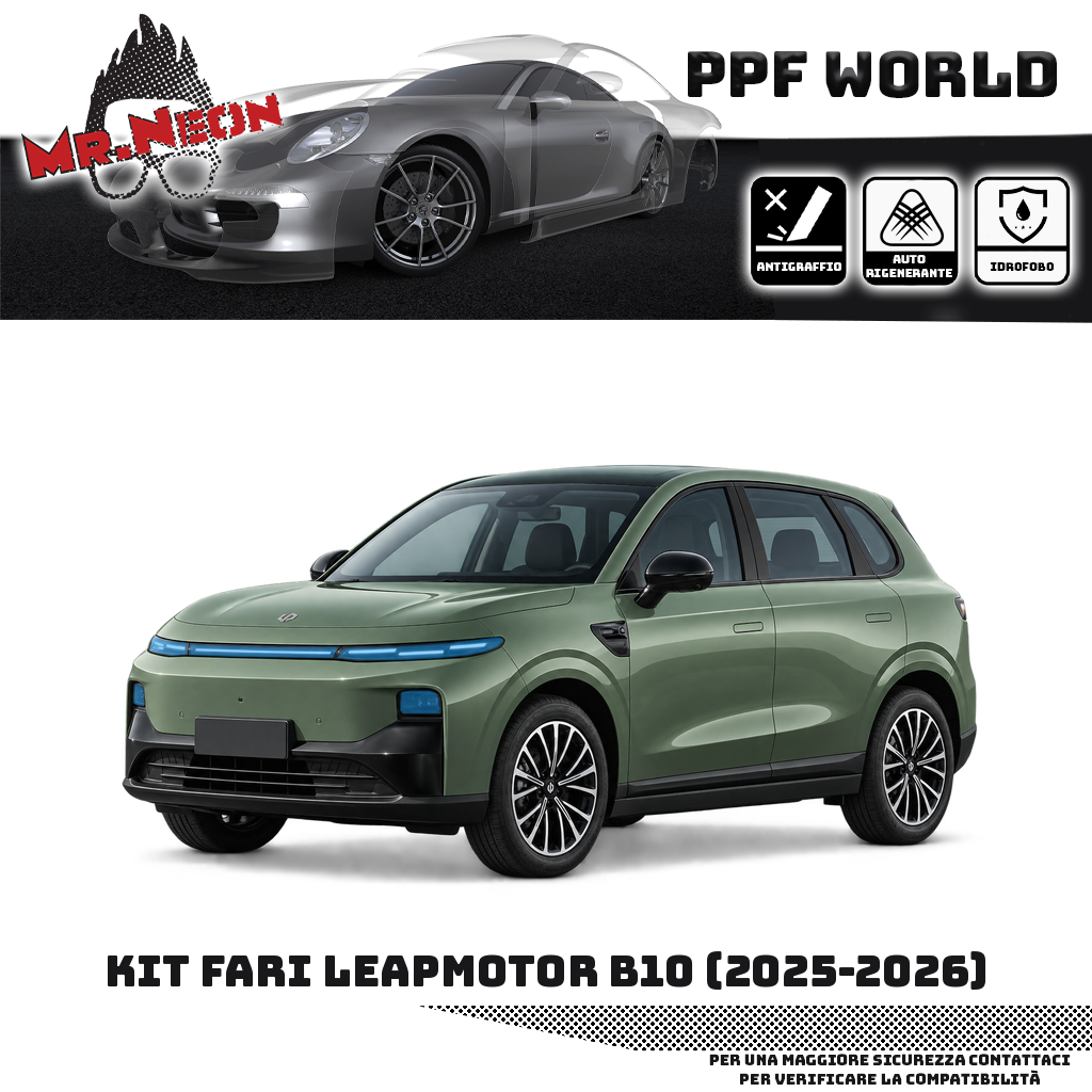 Kit PPF fari Leapmotor B10 2025–2026, destra sinistra centro e faretti – trasparente con copertura evidenziata in azzurro, vettura verde