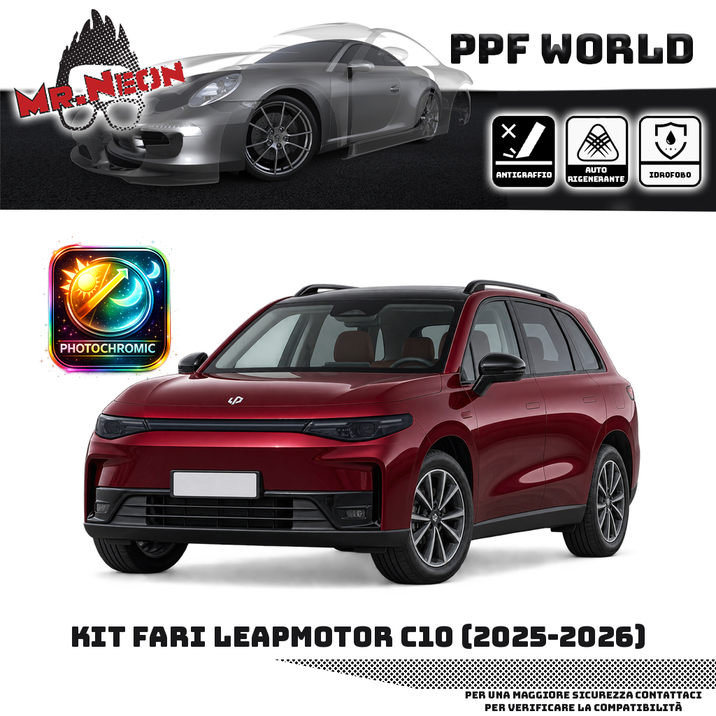 Kit PPF fari Leapmotor C10 2025–2026, faro destro, faro sinistro e fascia centrale – fotocromatico nero, auto bordeaux