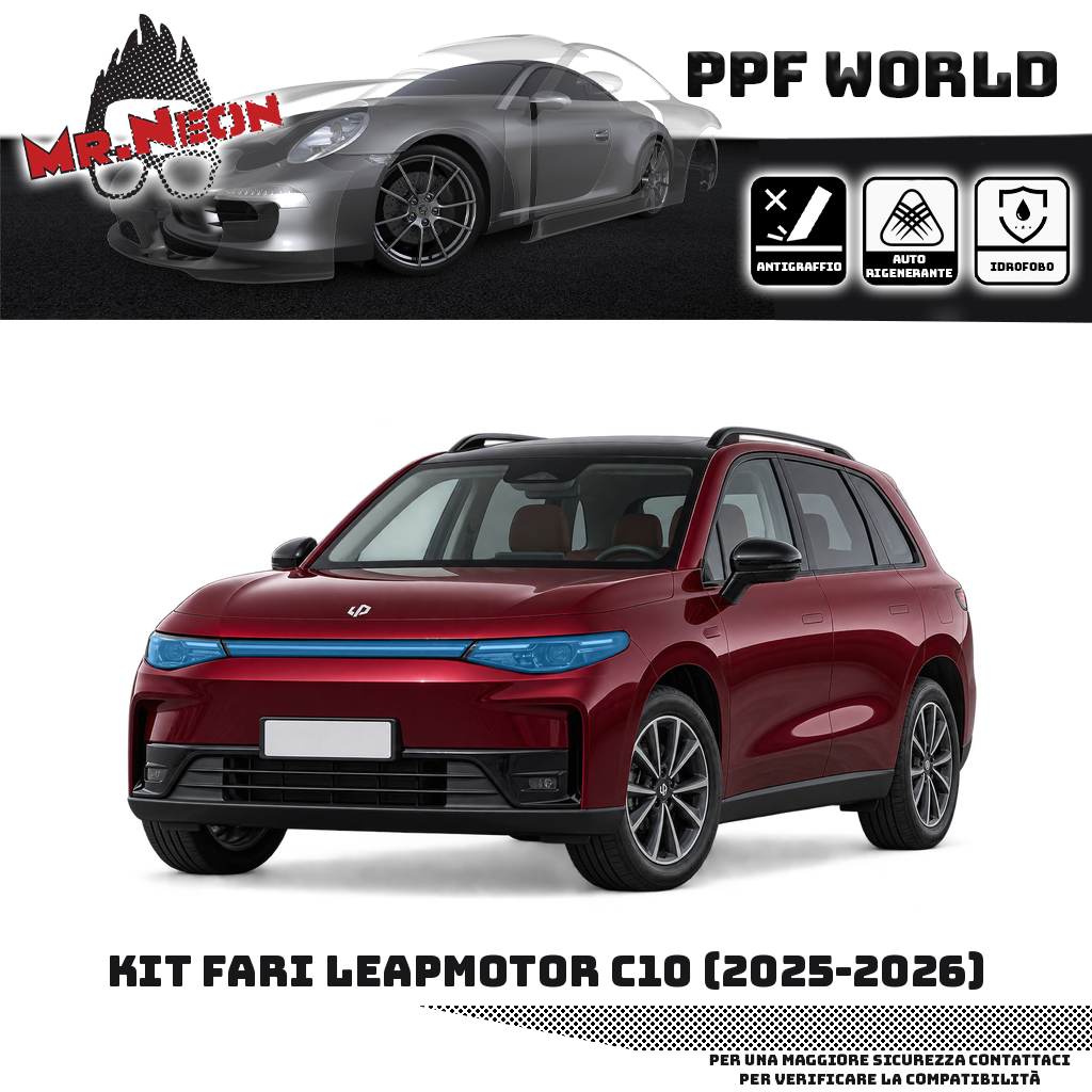 Kit PPF fari Leapmotor C10 2025–2026, faro destro, faro sinistro e fascia centrale – trasparente, zone protette in azzurro, auto bordeaux