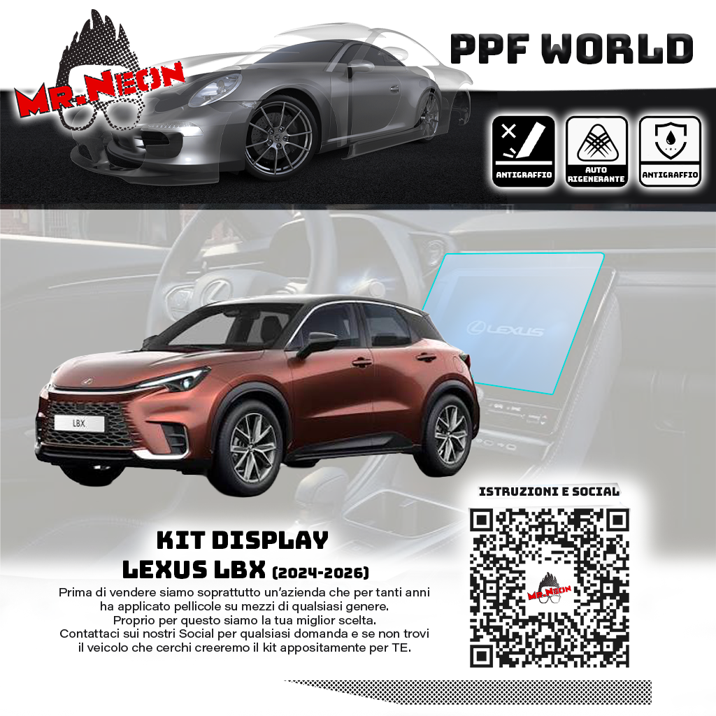 Kit Pellicola Protettiva Display Lexus LBX 2024-2026 – PPF Lucido o Opaco Pretagliato