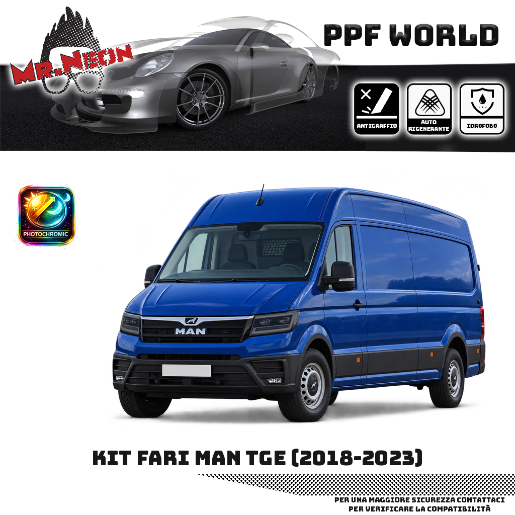 Kit fari anteriori MAN TGE 2018–2023 blu — PPF fotocromatico nero/fumé