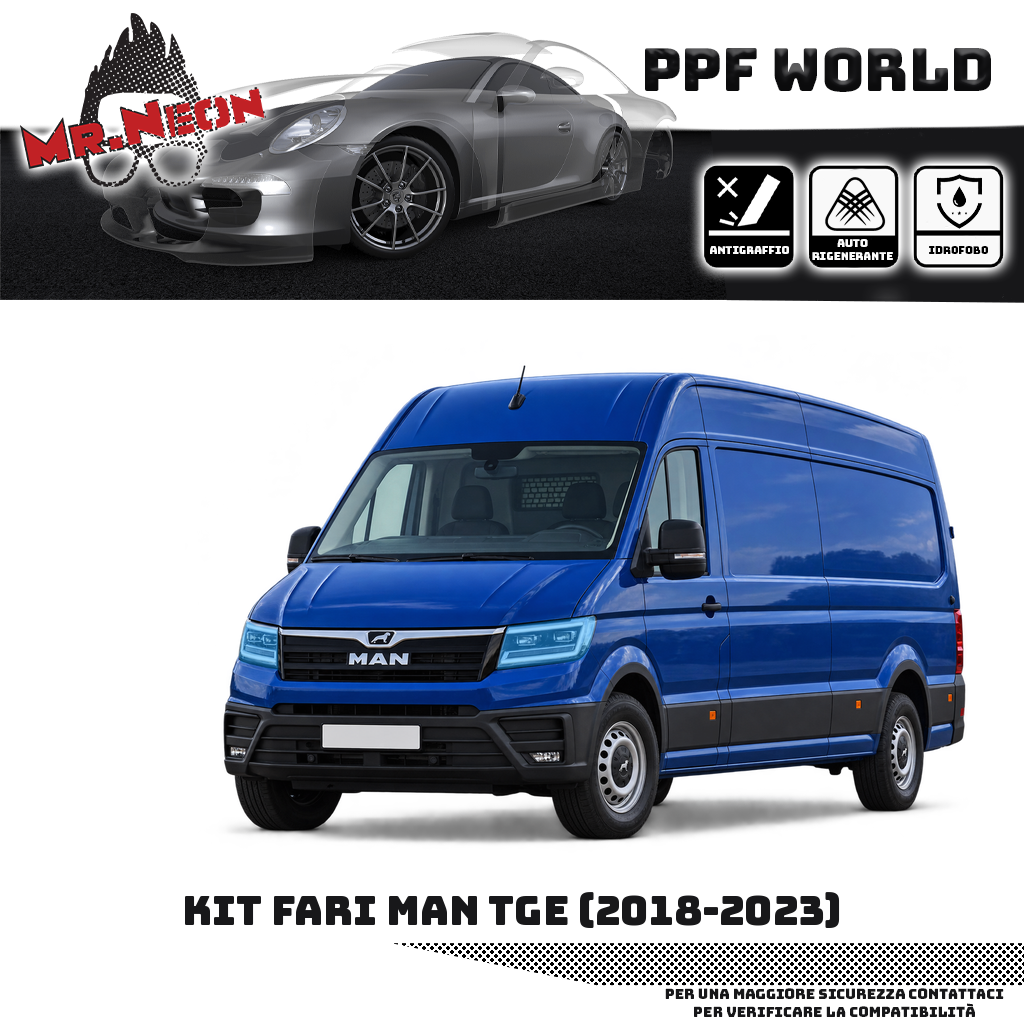 Kit fari anteriori MAN TGE 2018–2023 blu — PPF trasparente: zone protette evidenziate in azzurro