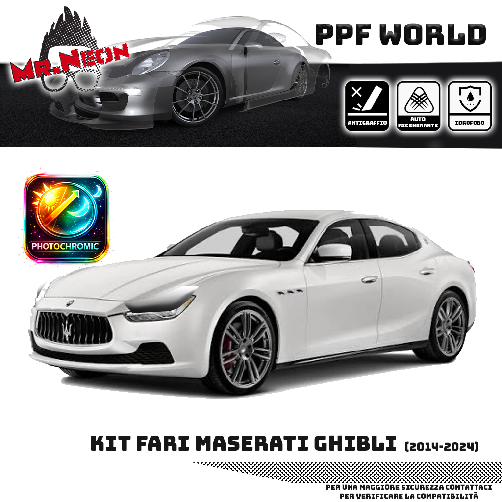 Kit Pellicola Protettiva Fari Maserati Ghibli 2014-2024 – PPF Trasparente o Fotocromatico Pretagliato