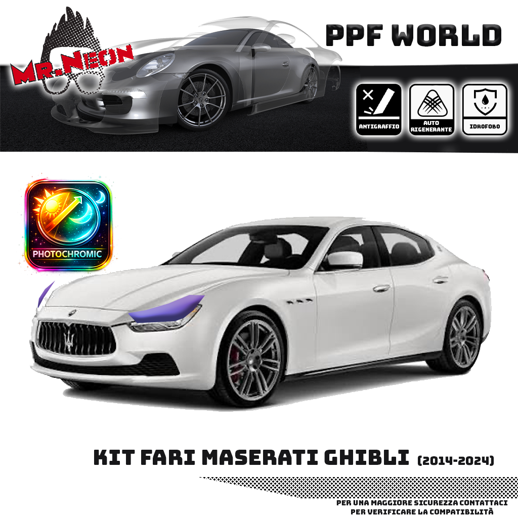 Kit Pellicola Protettiva Fari Maserati Ghibli 2014-2024 – PPF Trasparente o Fotocromatico Pretagliato