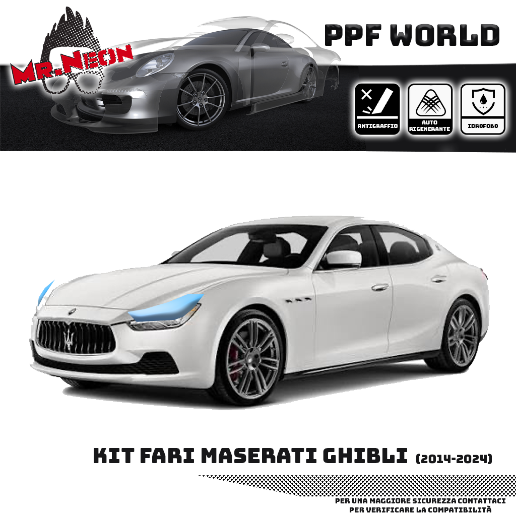 Kit Pellicola Protettiva Fari Maserati Ghibli 2014-2024 – PPF Trasparente o Fotocromatico Pretagliato