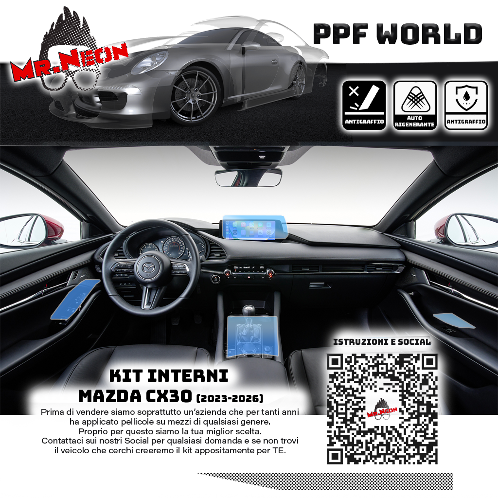 Kit Pellicole Protettive Interni Mazda CX-30 2023-2026 – Display, Consolle Centrale e Alzacristalli | PPF Lucido o Opaco Pretagliato