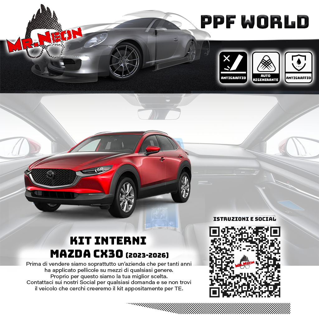 Kit Pellicole Protettive Interni Mazda CX-30 2023-2026 – Display, Consolle Centrale e Alzacristalli | PPF Lucido o Opaco Pretagliato