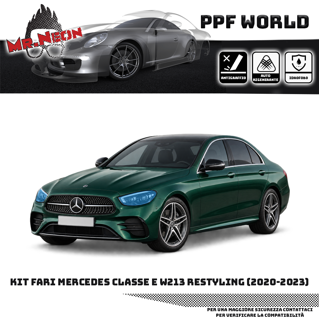 Mercedes Classe E W213 Restyling Berlina 2020–2023 verde — kit PPF fari anteriori, trasparente con area protetta evidenziata in azzurro