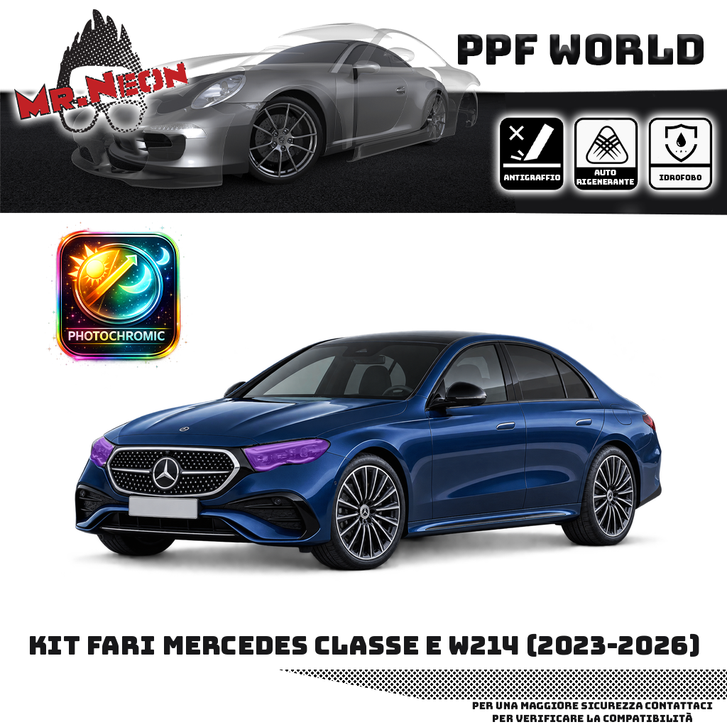 Mercedes Classe E W214 Berlina 2023–2026 blu — kit PPF fari anteriori, fotocromatico viola