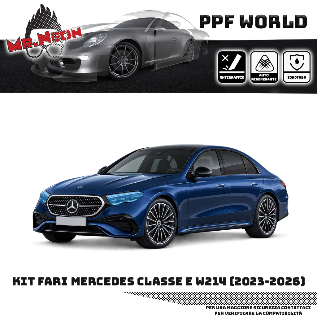 Mercedes Classe E W214 Berlina 2023–2026 blu — kit PPF fari anteriori, trasparente con area protetta evidenziata in azzurro