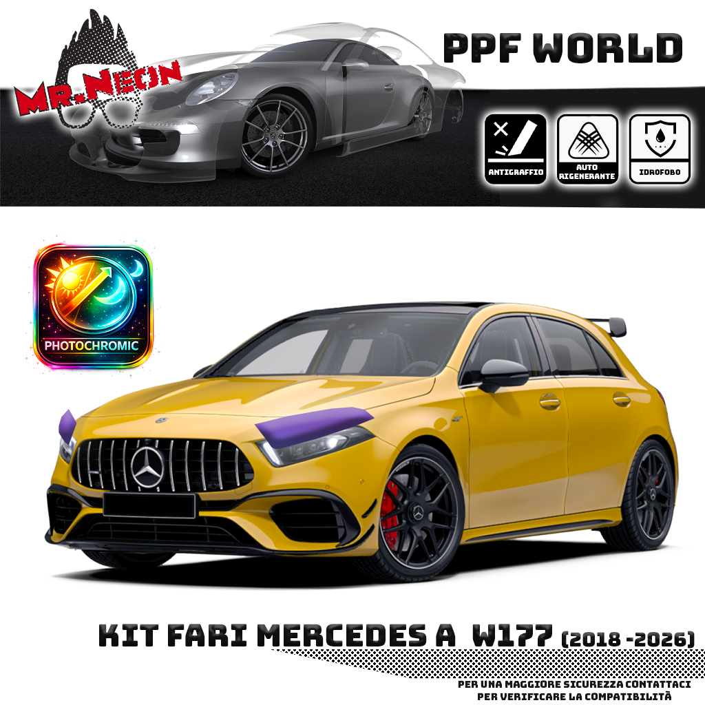 Kit Pellicola Protettiva Fari Mercedes Classe A (2018–2026) – PPF Trasparente o Fotocromatico Pretagliato