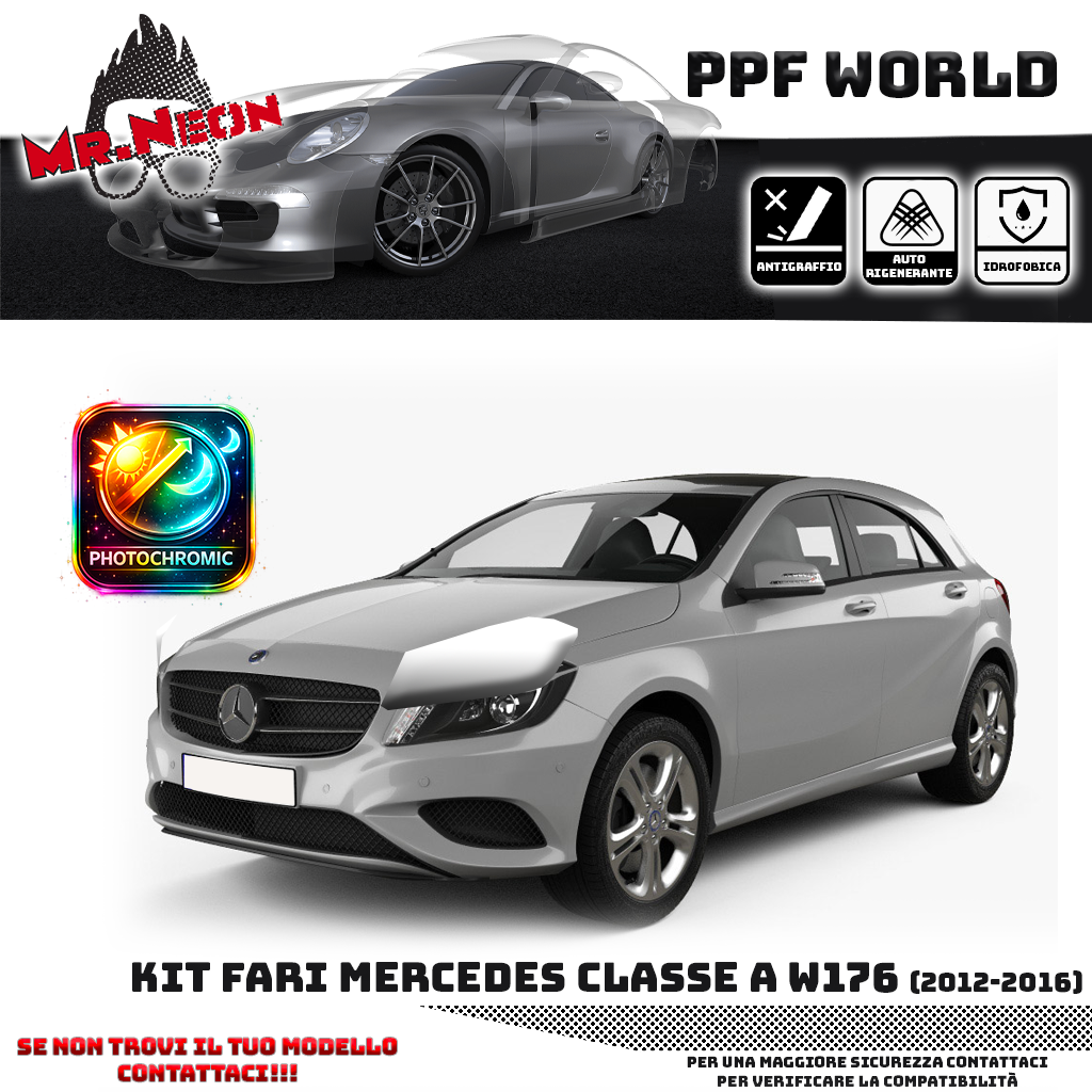 Kit Pellicola Protettiva Fari Mercedes Classe A W176 (2012–2015) – PPF Trasparente o Fotocromatico Pretagliato