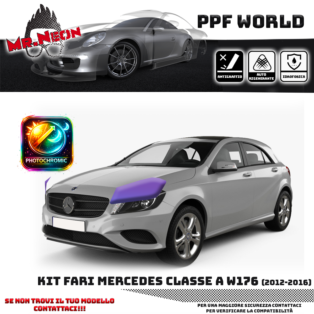 Kit Pellicola Protettiva Fari Mercedes Classe A W176 (2012–2015) – PPF Trasparente o Fotocromatico Pretagliato