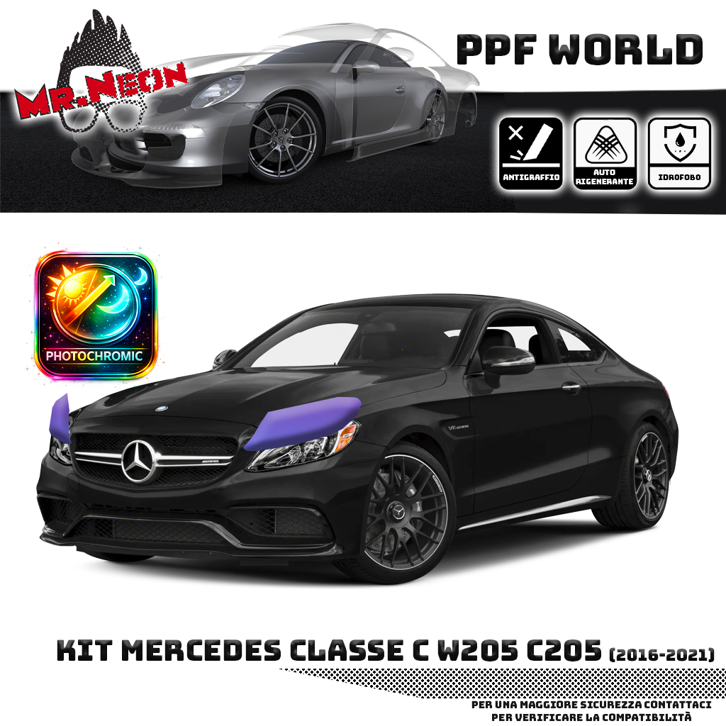 Kit Pellicola Protettiva Fari Mercedes Classe C W205 2014-2018 – PPF Trasparente o Fotocromatico Pretagliato