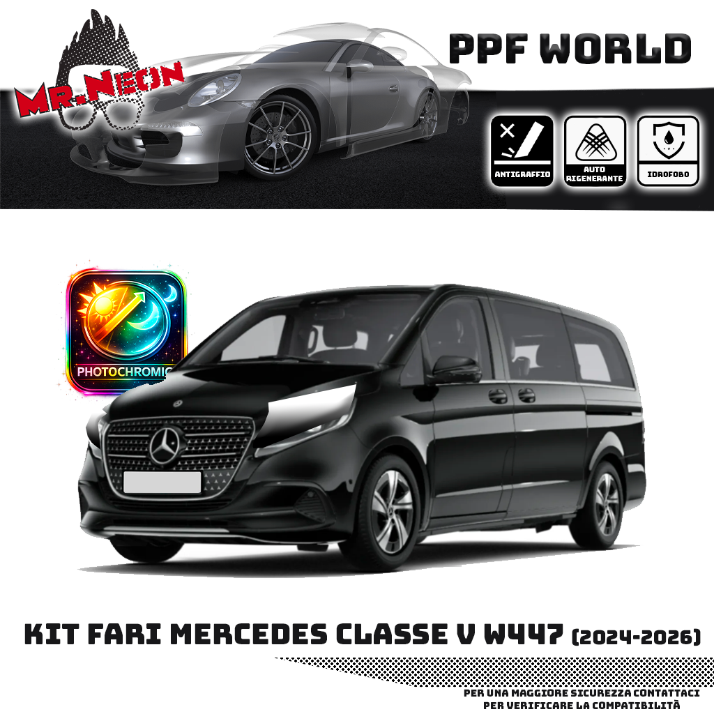 Kit PPF Fari Anteriori Mercedes Classe V W447 Facelift 2024-2026 – Trasparente o Fotocromatico Pretagliato