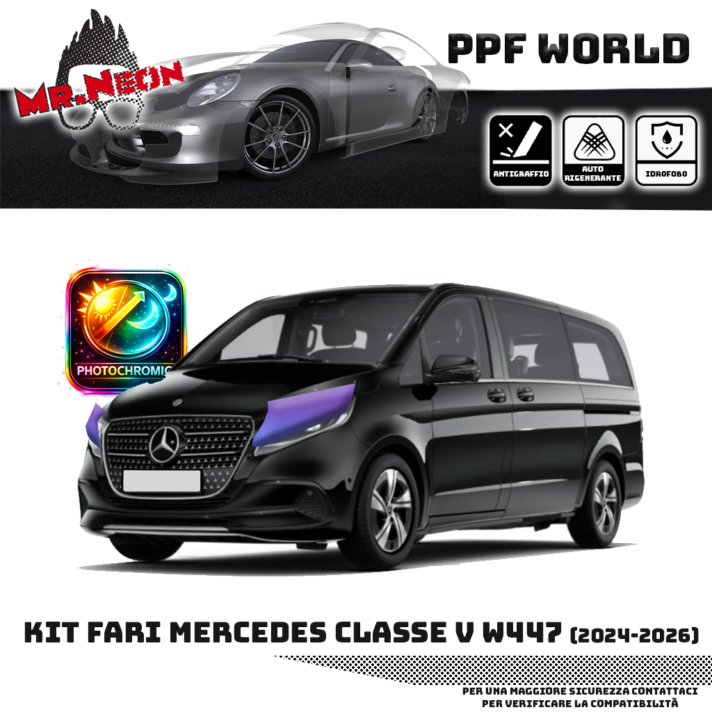 Kit PPF Fari Anteriori Mercedes Classe V W447 Facelift 2024-2026 – Trasparente o Fotocromatico Pretagliato