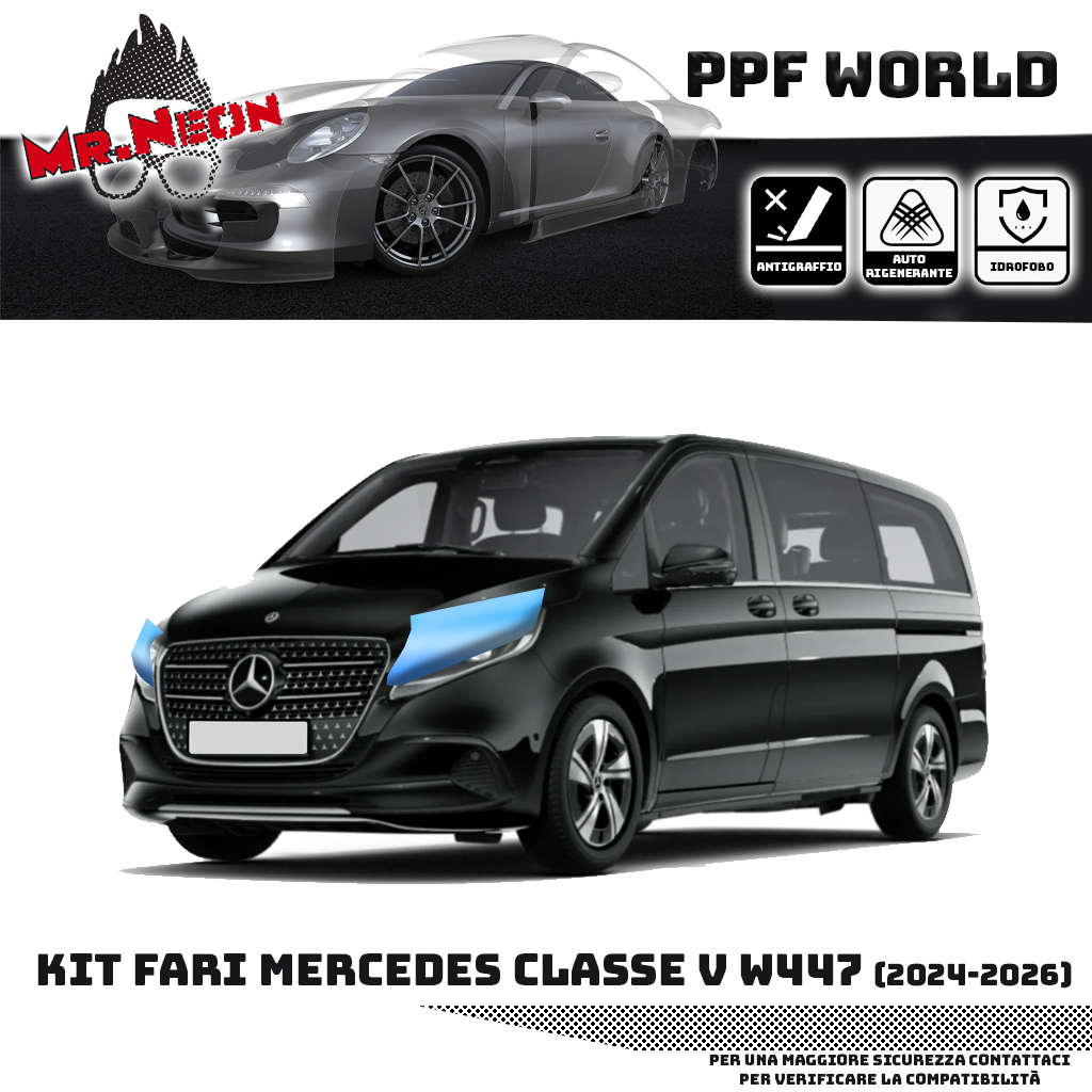 Kit PPF Fari Anteriori Mercedes Classe V W447 Facelift 2024-2026 – Trasparente o Fotocromatico Pretagliato