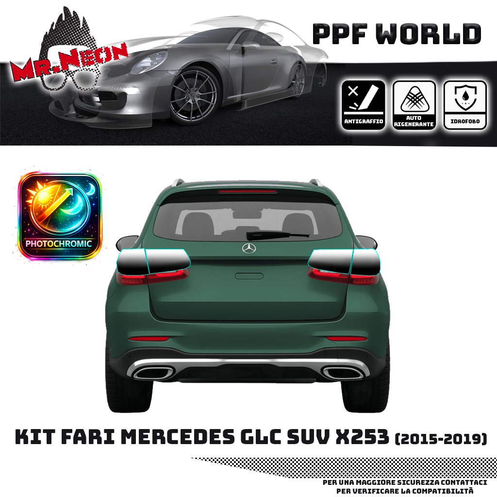 Kit PPF Fari Posteriori Mercedes GLC SUV X253 2015-2019 – Chiaro, Intermedio, Scuro o Fotocromatico Pretagliato