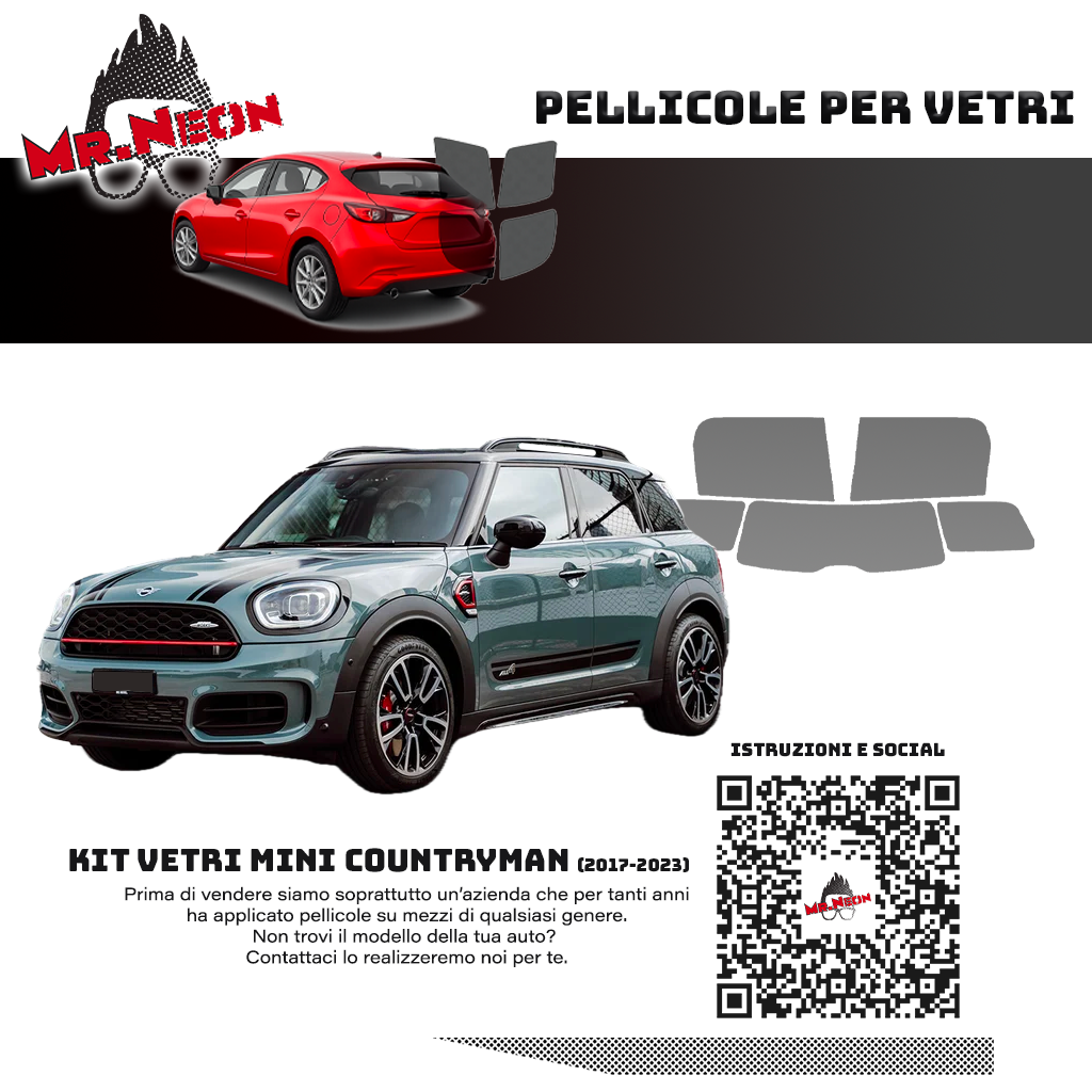 Kit Pellicole Oscuramento Vetri Mini Countryman F60 2017-2023 – 65% 80% 95% o Fotocromatica Pretagliato