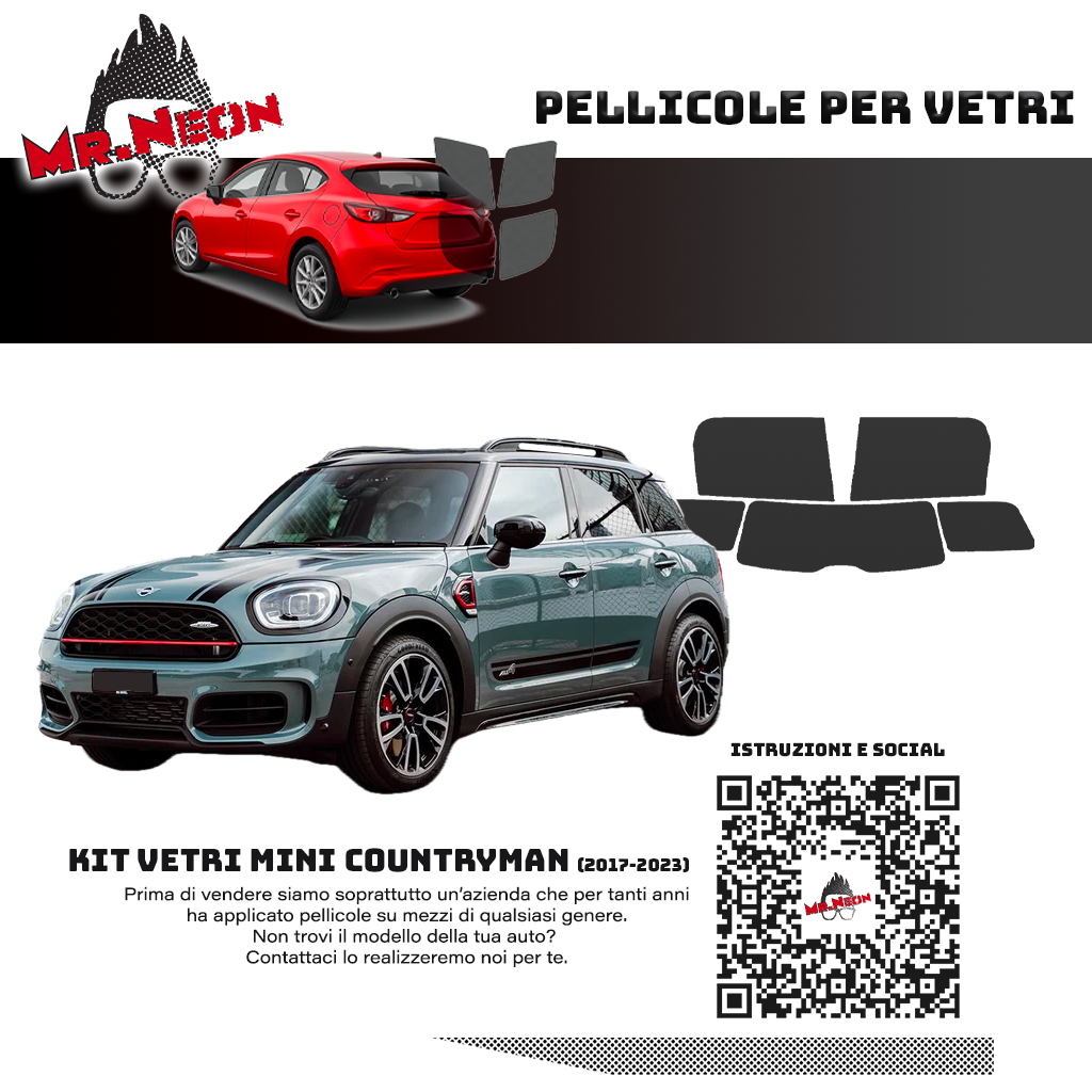 Kit Pellicole Oscuramento Vetri Mini Countryman F60 2017-2023 – 65% 80% 95% o Fotocromatica Pretagliato