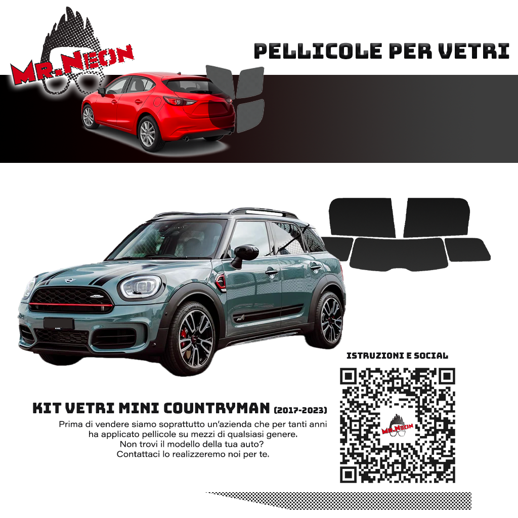 Kit Pellicole Oscuramento Vetri Mini Countryman F60 2017-2023 – 65% 80% 95% o Fotocromatica Pretagliato