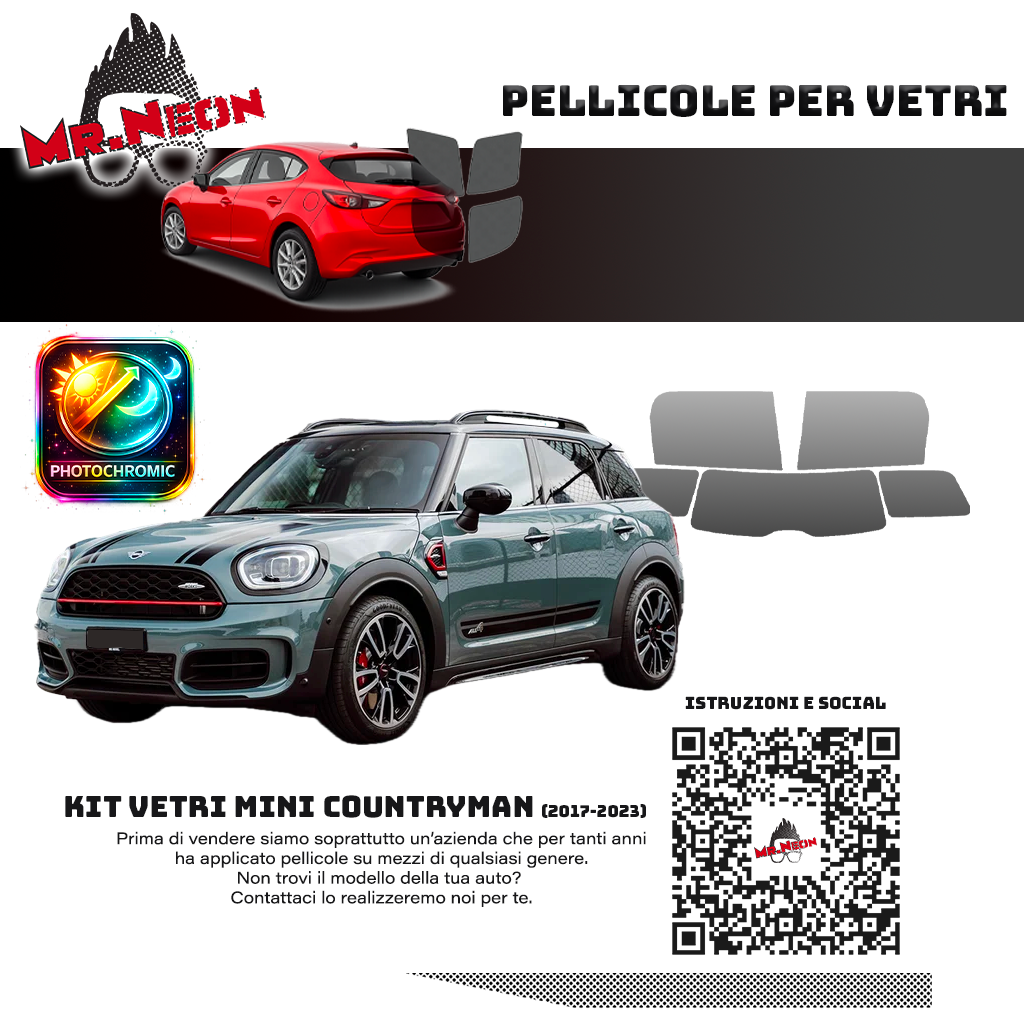 Kit Pellicole Oscuramento Vetri Mini Countryman F60 2017-2023 – 65% 80% 95% o Fotocromatica Pretagliato