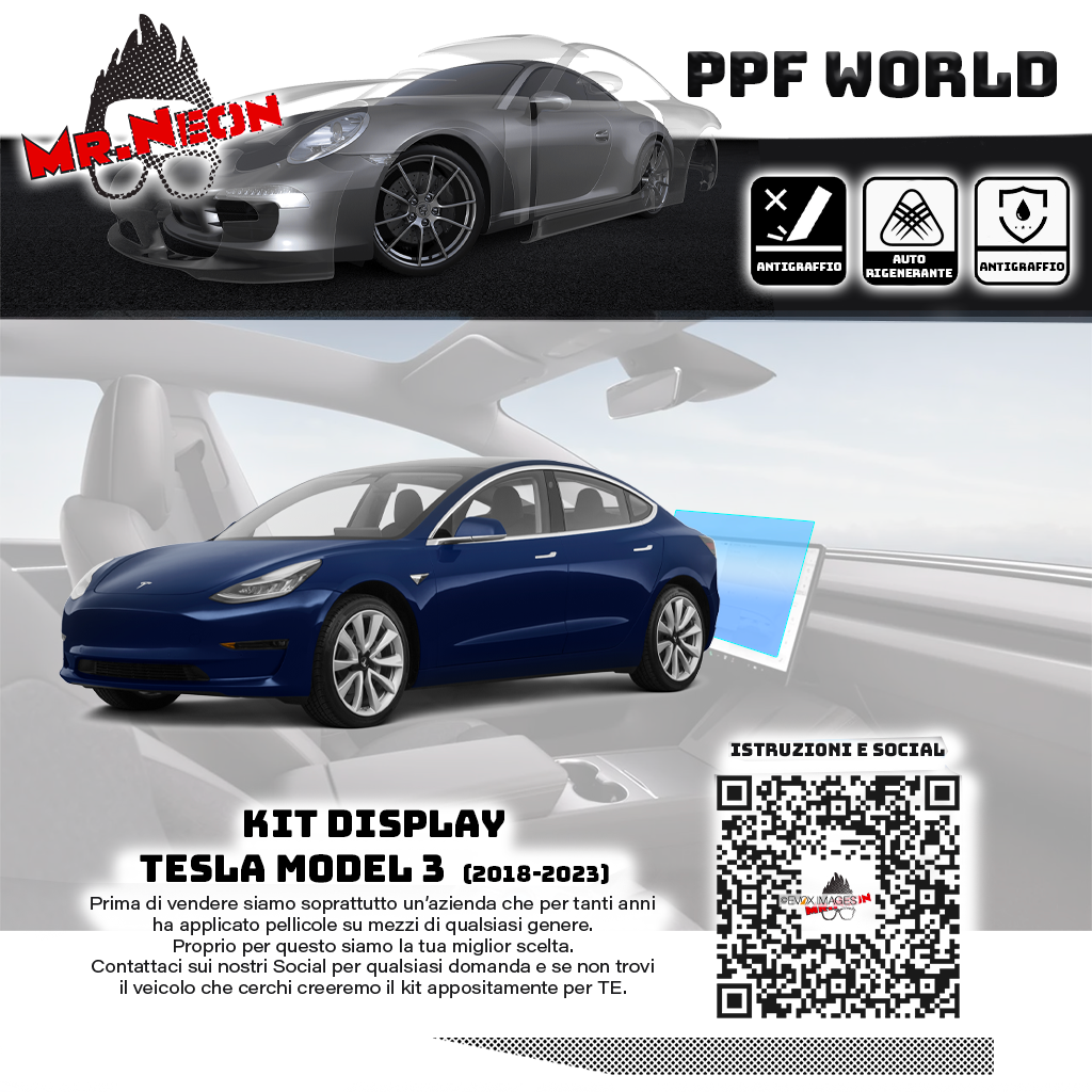 Kit Pellicola Protettiva Display Tesla Model 3 2017-2023 – PPF Lucido o Opaco Pretagliato
