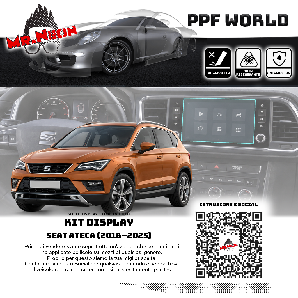 SEAT Ateca arancione e display centrale con protezione PPF pretagliata Mr.Neon