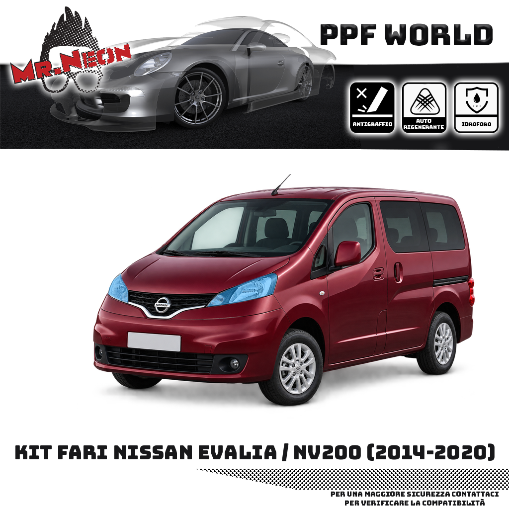 Kit fari Nissan Evalia NV200 rosso bordeaux — PPF trasparente, zone evidenziate in azzurro