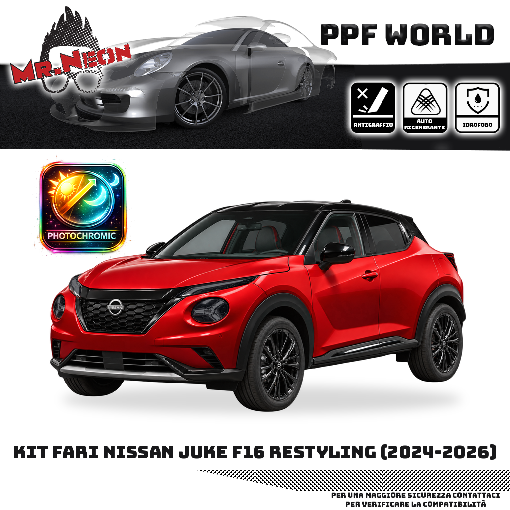 Nissan Juke II F16 Restyling 2024–2026 rossa — kit PPF fari principali e luci superiori, fotocromatico nero