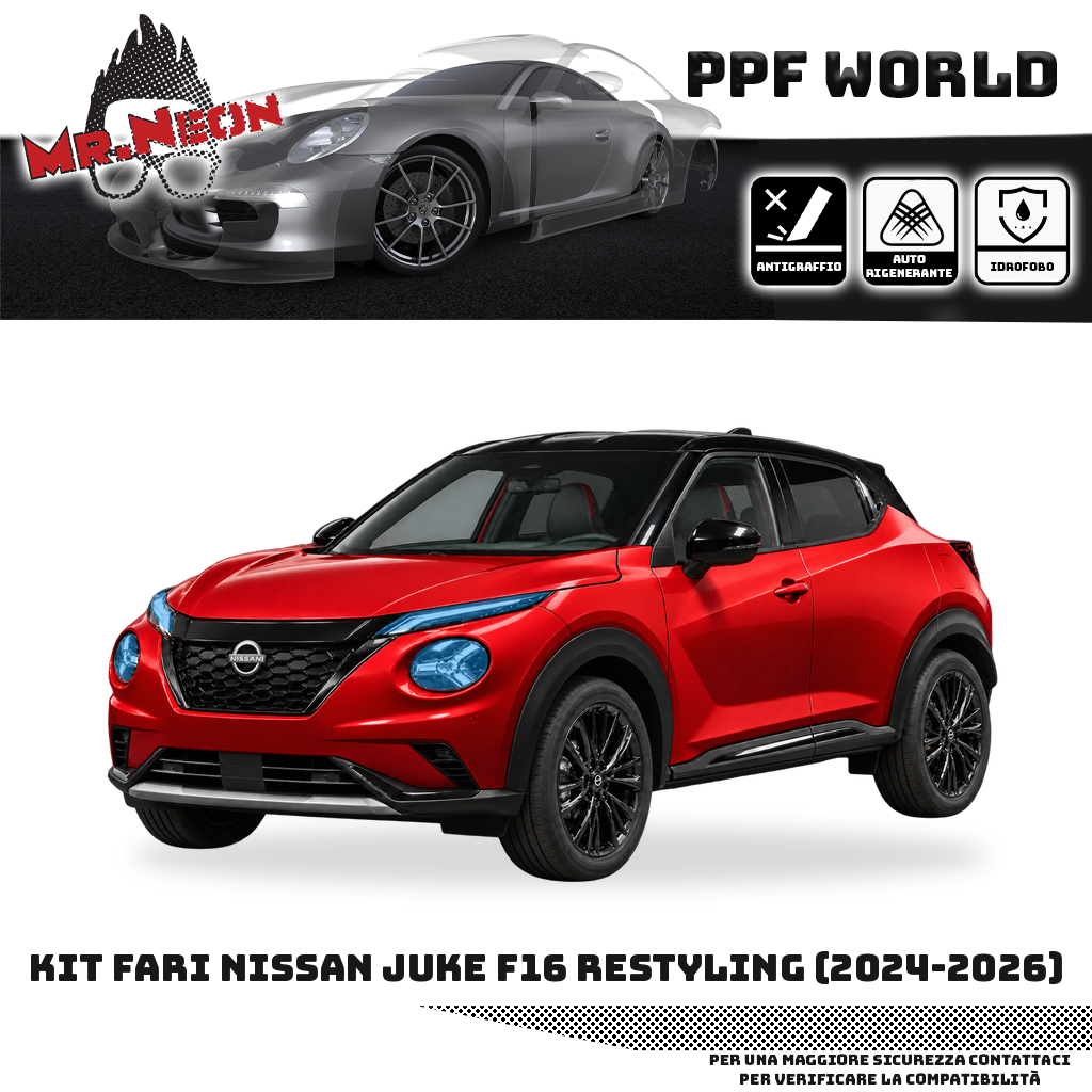 Nissan Juke II F16 Restyling 2024–2026 rossa — kit PPF fari principali e luci superiori, trasparente con area protetta evidenziata in azzurro