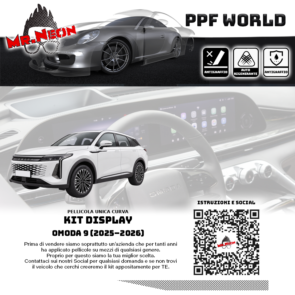 Kit pellicola unica per display curvo Omoda 9 2025-2026, auto in tre quarti frontale