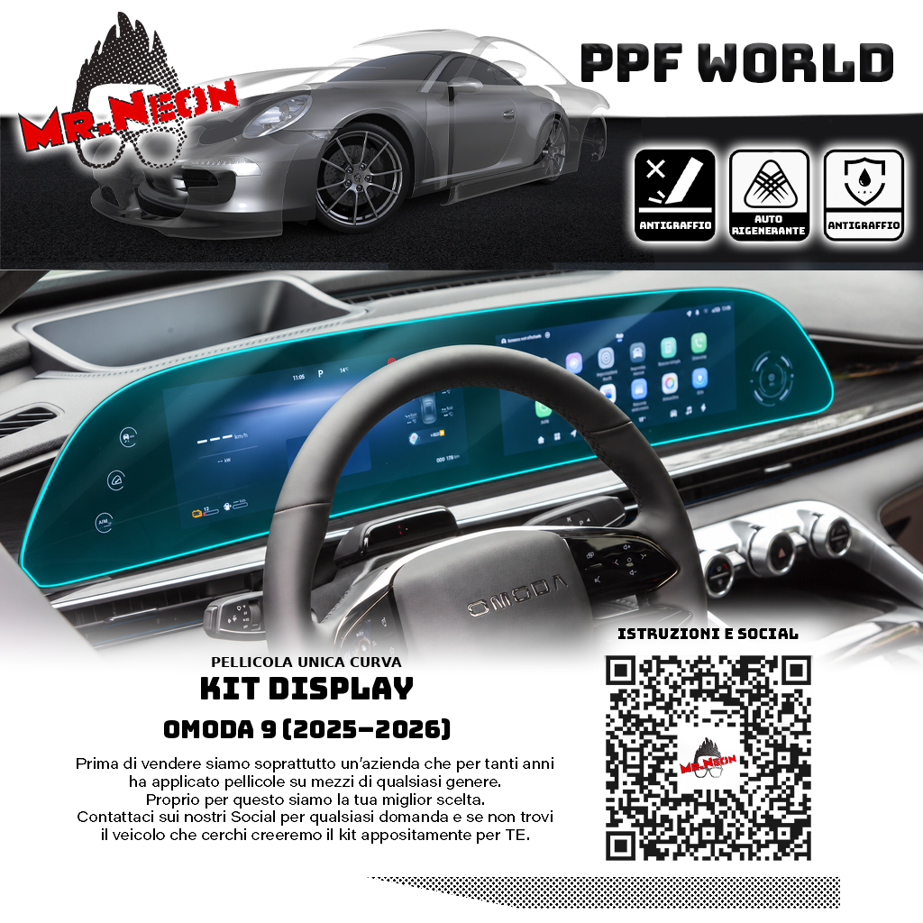 Sagoma curva unica con protezione continua sull’intero pannello display Omoda 9