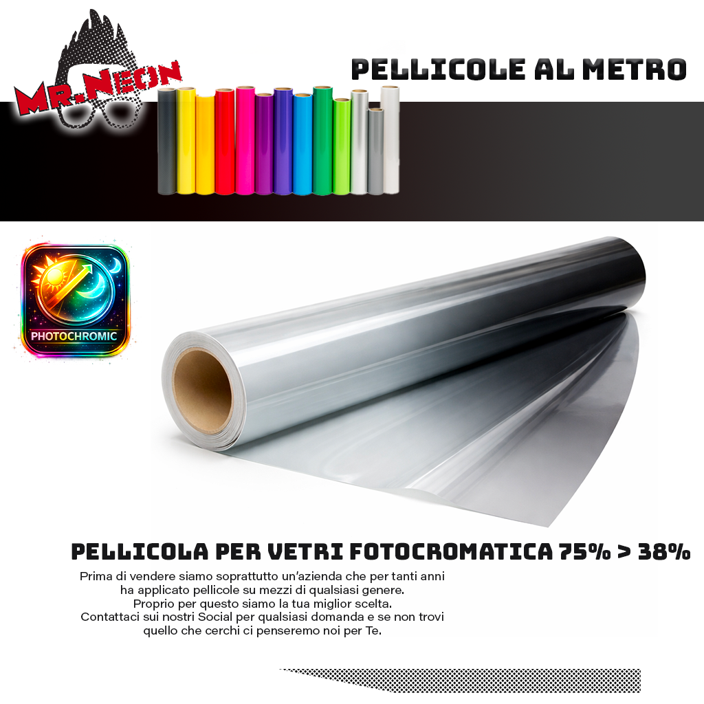 Pellicola Vetri Fotocromatica Auto H100 cm – Oscuramento Dinamico 73%→38% – Vendita al Metro
