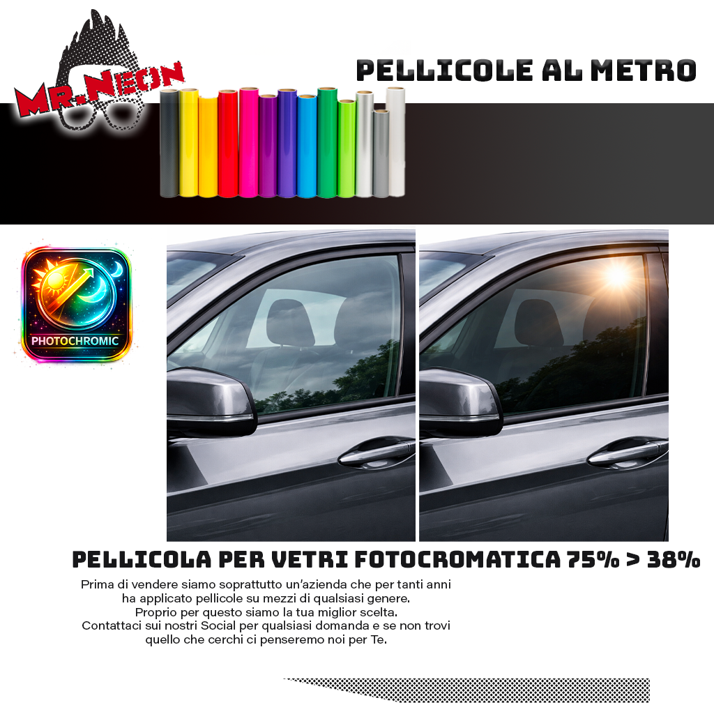 Pellicola Vetri Fotocromatica Auto H100 cm – Oscuramento Dinamico 73%→38% – Vendita al Metro