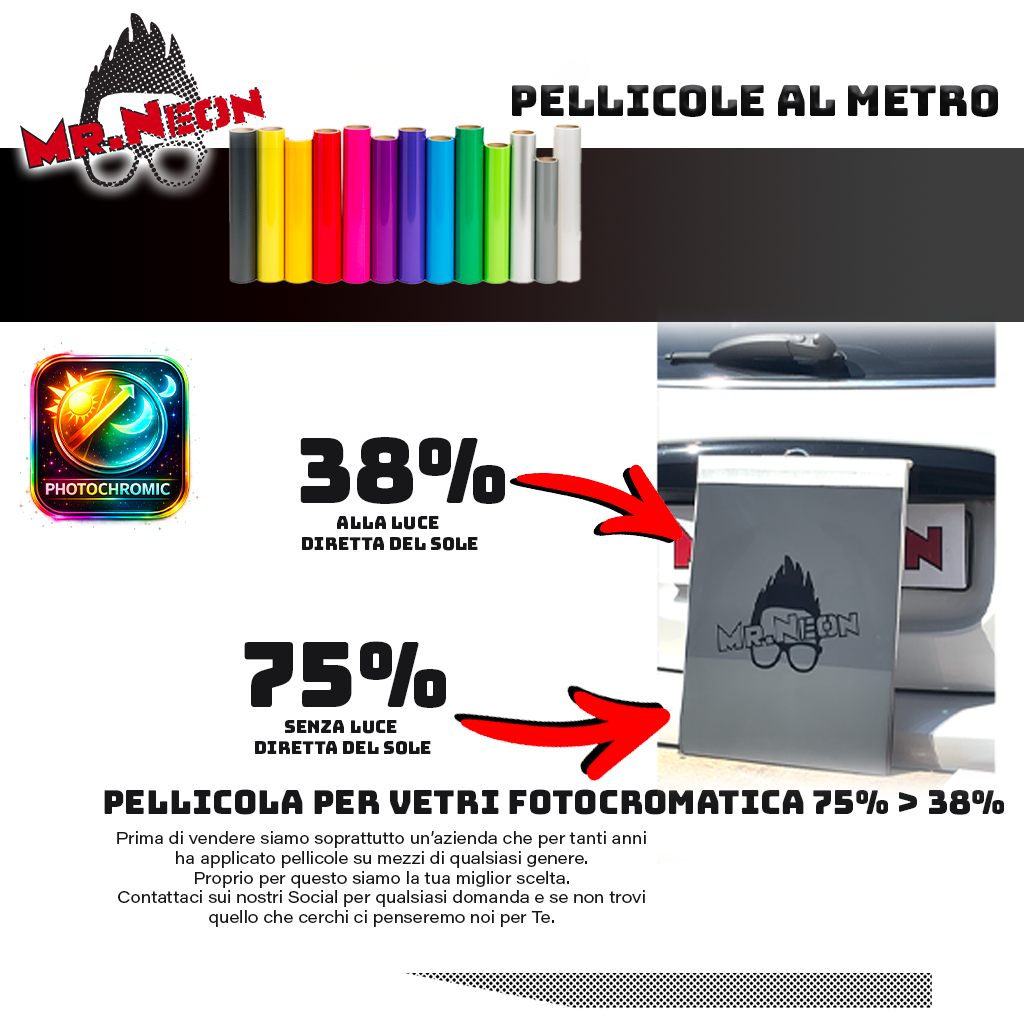 Pellicola Vetri Fotocromatica Auto H100 cm – Oscuramento Dinamico 73%→38% – Vendita al Metro
